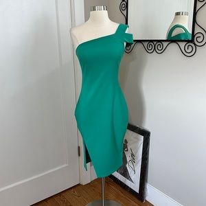 Likely fitted green one shoulder dress